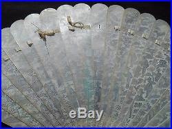 Antique CHINESE carved MOTHER OF PEARL brise FAN animals people buildings DRAGON