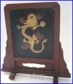 Antique CHING DYNASTY CHINESE GOLDEN DRAGON Table Screen with Inlaid Blessing