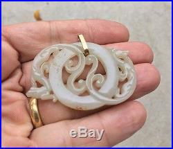 Antique Carved Chinese Jade Pendant with Dragons