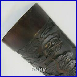 Antique Carved Thick Bamboo Wall Hanging Panel Curved Dragon Waves Chinese