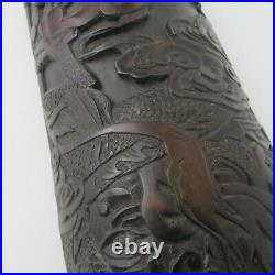 Antique Carved Thick Bamboo Wall Hanging Panel Curved Dragon Waves Chinese