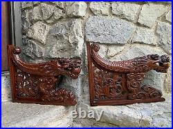 Antique Carved Wooden Chinese Dragon Corbels Brackets Architectural Salvage Pair