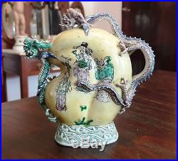 Antique China Chinese Teapot Yellow Porcelain With Dragons