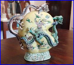 Antique China Chinese Teapot Yellow Porcelain With Dragons