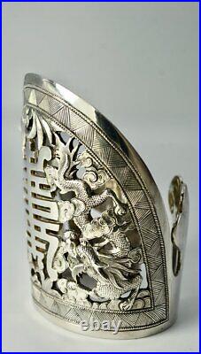 Antique China Sterling Silver Bracelet Dragons Engraved Molten Cuff Asia 20th