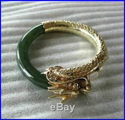 Antique Chinese 14K Gold Nephrite Jade Carved Dragon Bracelet Rubies $9000.00