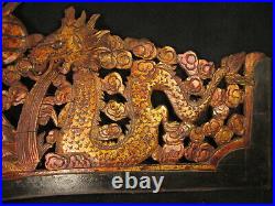Antique Chinese 180 Yr Old Qing Dynasty Wooden Carving Dragons & Pearl Of Wisdom