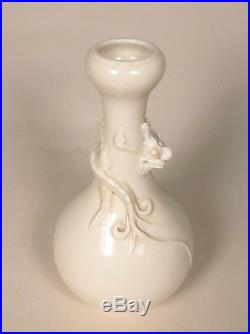 Antique Chinese 18thC Blanc De Chine or White Glazed Dragon Garlic Head Vase