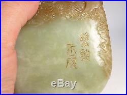Antique Chinese 20th Century Carved Jade Ink Stone with Dragons & Clouds SIGNED