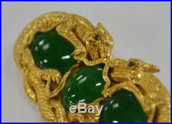 Antique Chinese 24K Gold & Jade Pin Jadeite with Dragons