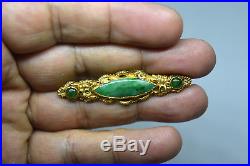 Antique Chinese 24K Solid Gold and Natural Untreated Double Dragon Jade Brooch