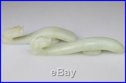 Antique Chinese 2x Jade White Celadon Belt Buckle Hook Dragon 19th Qing