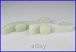 Antique Chinese 2x Jade White Celadon Belt Buckle Hook Dragon 19th Qing