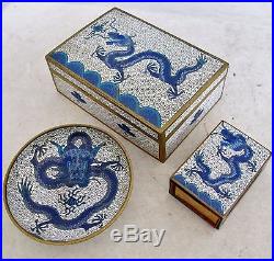 Antique Chinese 3 Piece White & Blue Cloisonne DRAGON Smoking Set with 4.5 Box