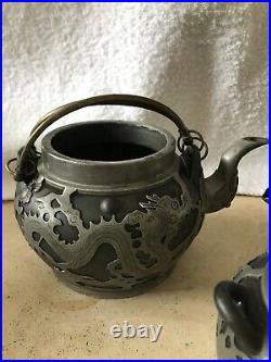 Antique Chinese 3 Piece's Of Yixing Pewter Dragon & Bat Teapot Small Pot & Bowl