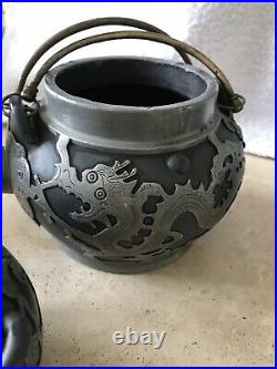 Antique Chinese 3 Piece's Of Yixing Pewter Dragon & Bat Teapot Small Pot & Bowl