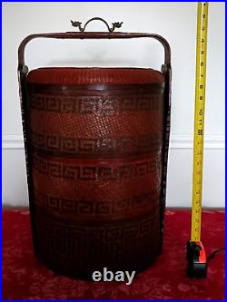 Antique Chinese 3 Tiered Wedding Basket Wicker Asian Chinoiserie Brass Dragon