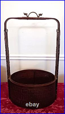 Antique Chinese 3 Tiered Wedding Basket Wicker Asian Chinoiserie Brass Dragon