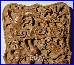 Antique Chinese 4-Claw Dragon Wood Carved Card Case With Deep Relief
