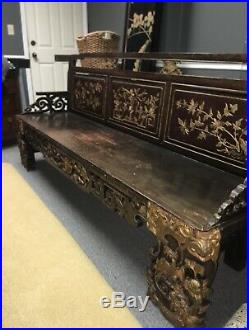 Antique Chinese 7 Long Wood Bench w Hand Carved Gilt Dragons Birds Flowers