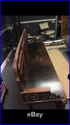 Antique Chinese 7 Long Wood Bench w Hand Carved Gilt Dragons Birds Flowers