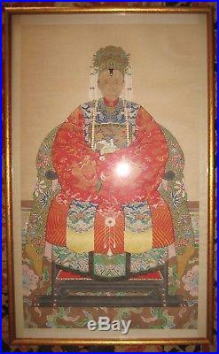 Antique Chinese Ancestor Portrait In Beautiful Robe Dragons In Gold Jade/pearls