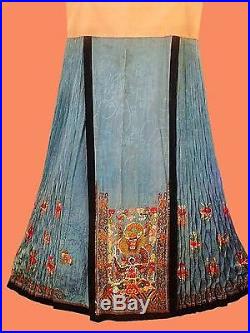 Antique Chinese Blue Silk Embroidered Dragon Skirt