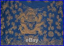 Antique Chinese Blue Silk Panel Table Cover Couched Gold Dragons Clouds Waves