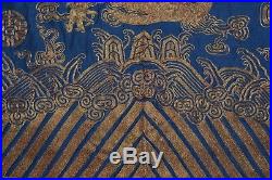 Antique Chinese Blue Silk Panel Table Cover Couched Gold Dragons Clouds Waves