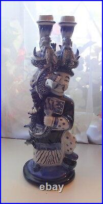 Antique Chinese Blue & White Candlestick Hero Character Man Dragon Rare Nice