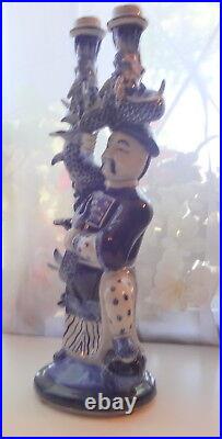 Antique Chinese Blue & White Candlestick Hero Character Man Dragon Rare Nice