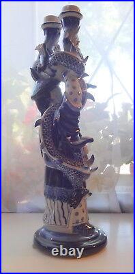 Antique Chinese Blue & White Candlestick Hero Character Man Dragon Rare Nice