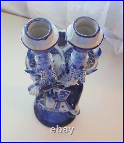 Antique Chinese Blue & White Candlestick Hero Character Man Dragon Rare Nice