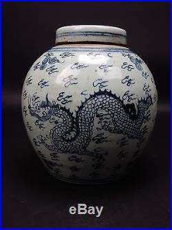 Antique Chinese Blue & White Dragon and Phoenix Ginger Jar 10 inches