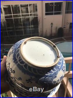 Antique Chinese Blue White Porcelain Dragon Bowl