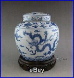 Antique Chinese Blue and White Dragon Porcelain Cover Jar tank Tian Mark
