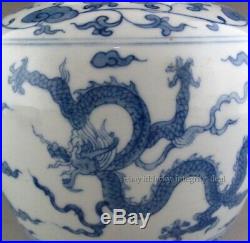Antique Chinese Blue and White Dragon Porcelain Cover Jar tank Tian Mark