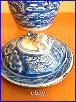 Antique Chinese Blue and white Dragon Lidded Jar 19th Century