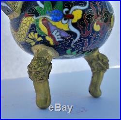 Antique Chinese Brass Cloisonné Censer Pot With Lid Dragon Motif