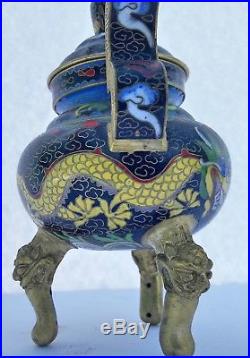 Antique Chinese Brass Cloisonné Censer Pot With Lid Dragon Motif