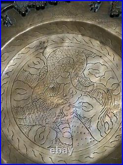 Antique Chinese Brass Copper Fruit Plate Hand Carved Dragon Grape Art