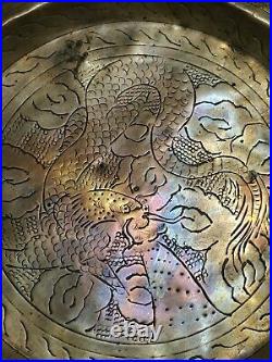 Antique Chinese Brass Copper Fruit Plate Hand Carved Dragon Grape Art