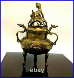 Antique Chinese Brass Incense Burner Dragon Motifs