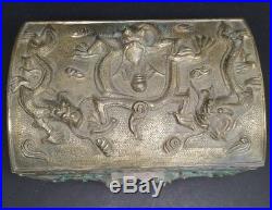 Antique Chinese Brass or Bronze Dragon Tobacco Jewelry Box Humidor Domed