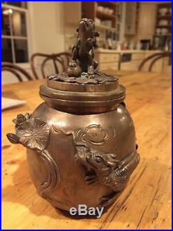 Antique Chinese Bronze Copper Dragon Incense Burner Censer Lidded FOO DOG