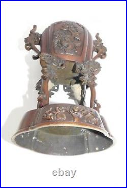 Antique Chinese Bronze Incense Burner / Urn With Dragon Foo Dog Lid 13H