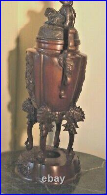 Antique Chinese Bronze Incense Burner / Urn With Dragon Foo Dog Lid 13H