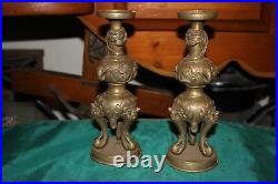 Antique Chinese Bronze Metal Candlestick Holders Dragons Elephants Demons Pair