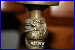 Antique Chinese Bronze Metal Candlestick Holders Dragons Elephants Demons Pair