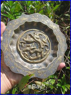 Antique Chinese Bronze hand-made plate with gilded Dragon, Song/Yuan dynasty